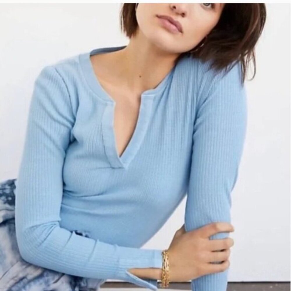 Light Blue Ribbed Long Sleeve Notch-Neck Tee
